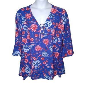 RELATIVITY Bell Sleeve BLUE/RED Prt HANKY HEM Tunic SIZE 3X